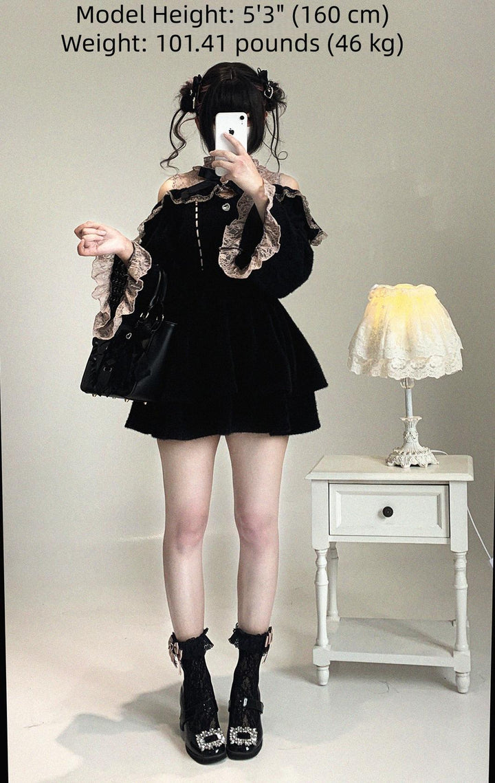Jirai Kei Off-Shoulder Sweater, Lace Neck 44471:811052