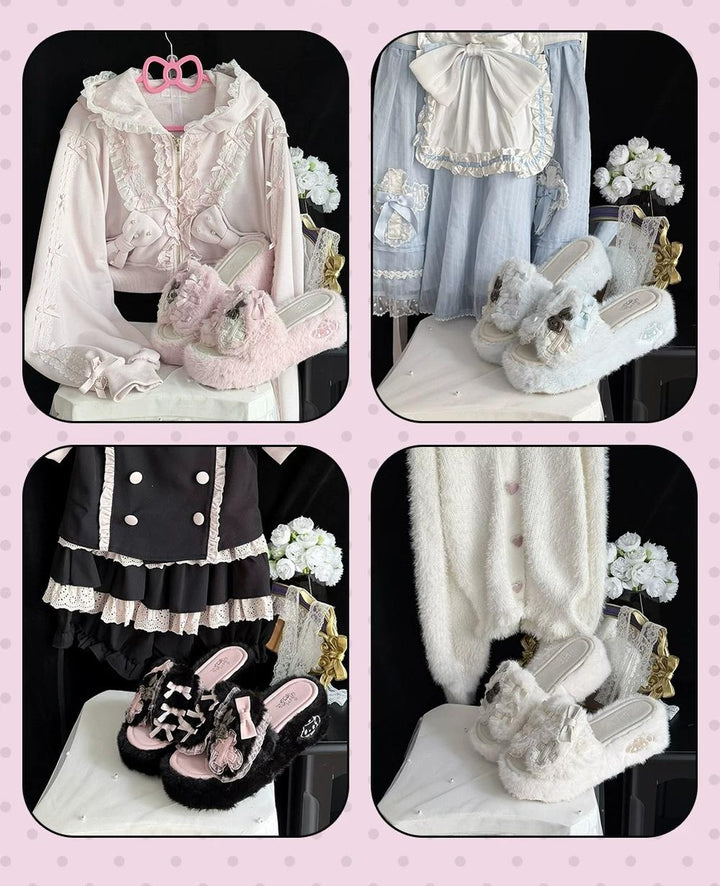 Jirai Kei Platform Wedge Slippers, Bunny Ears & Cross 46071:875435