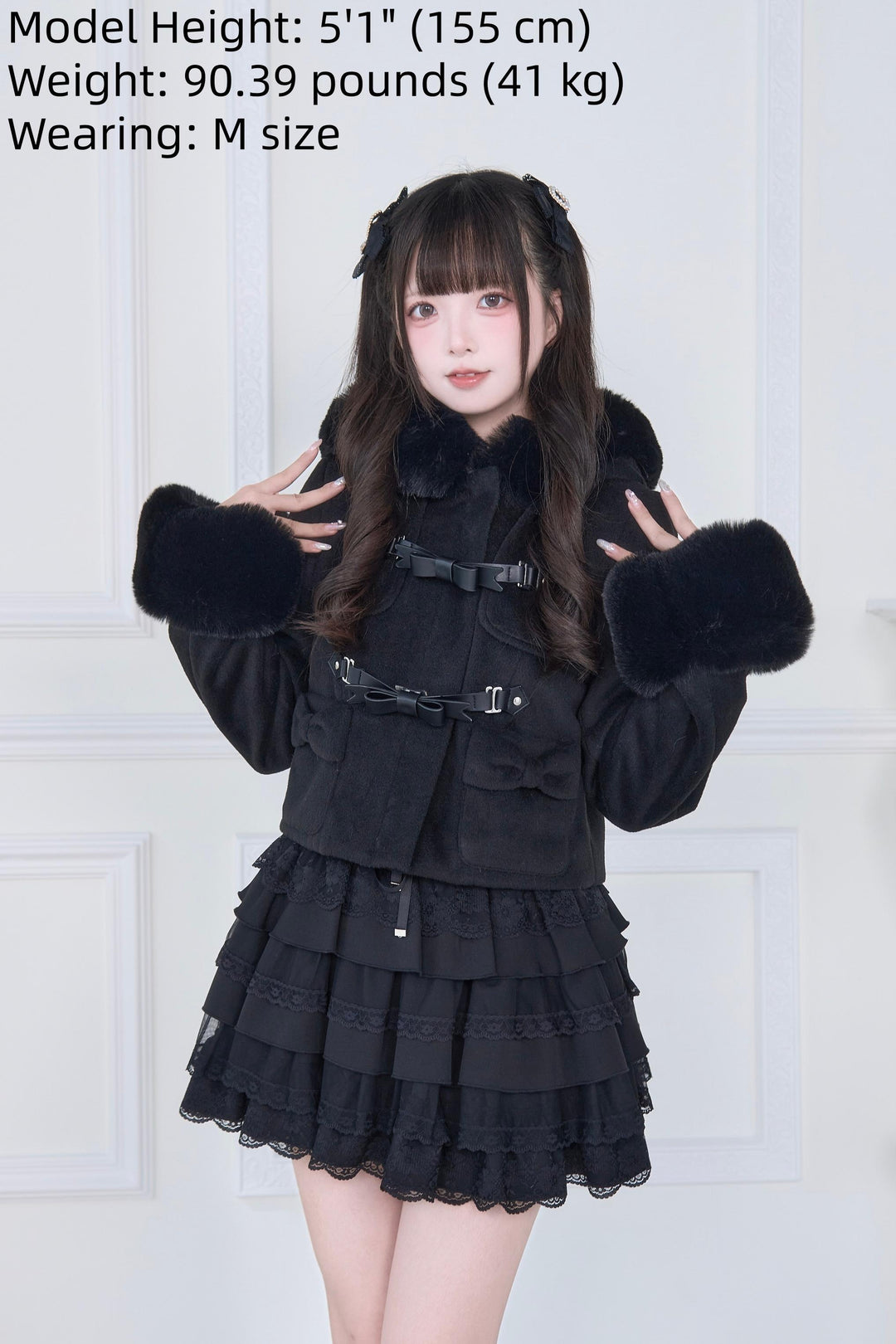 Hooded Rousangata Short Coat, Detachable Plush Cuffs 44116:796420