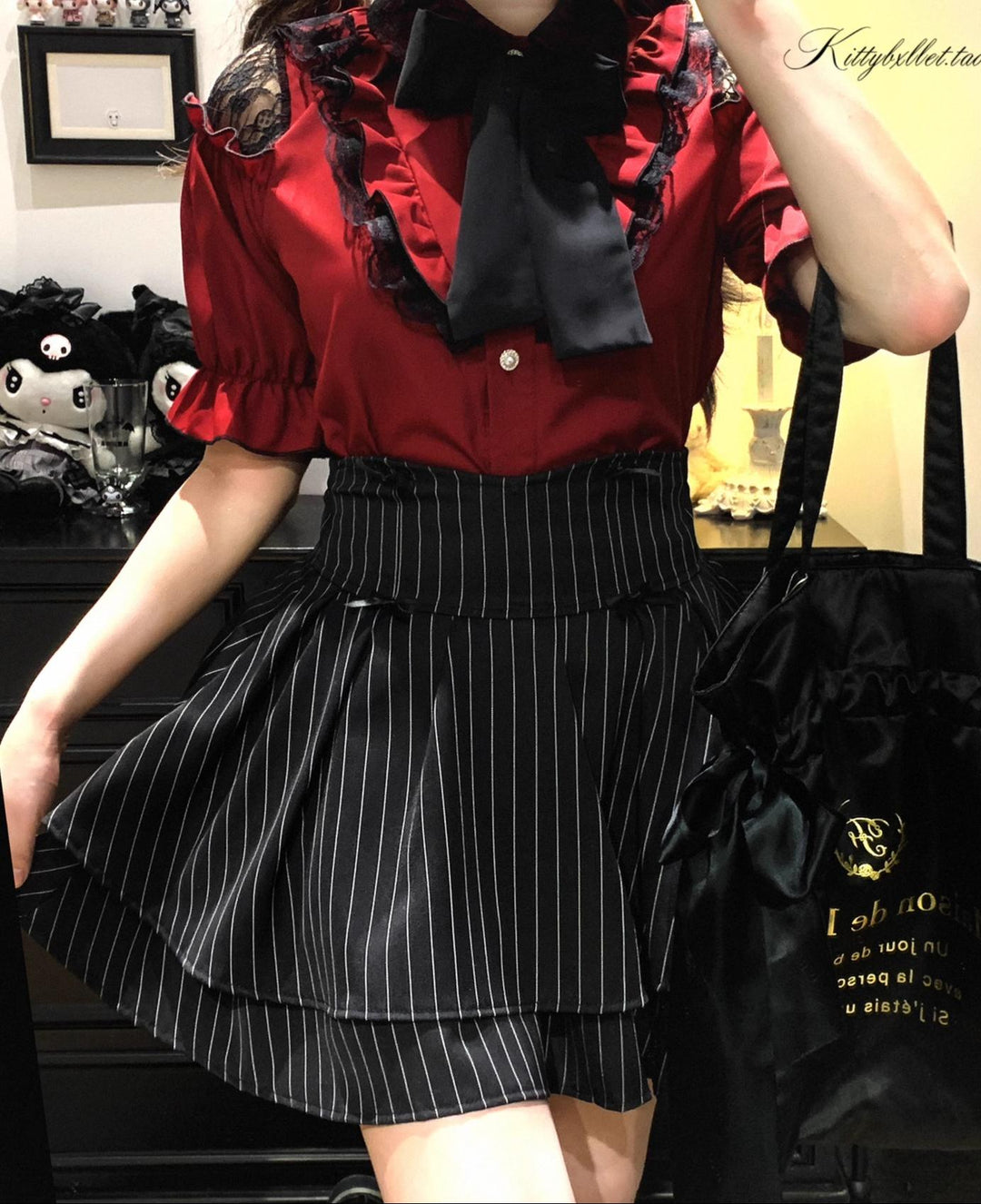 Striped Jirai Kei Skirt, Elastic Built-in Waist Shorts 43074:766281
