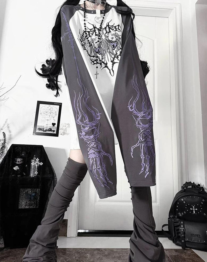Gothic Long Sleeve Cotton T-Shirt, Demon Ram Embroidery 46062:875062