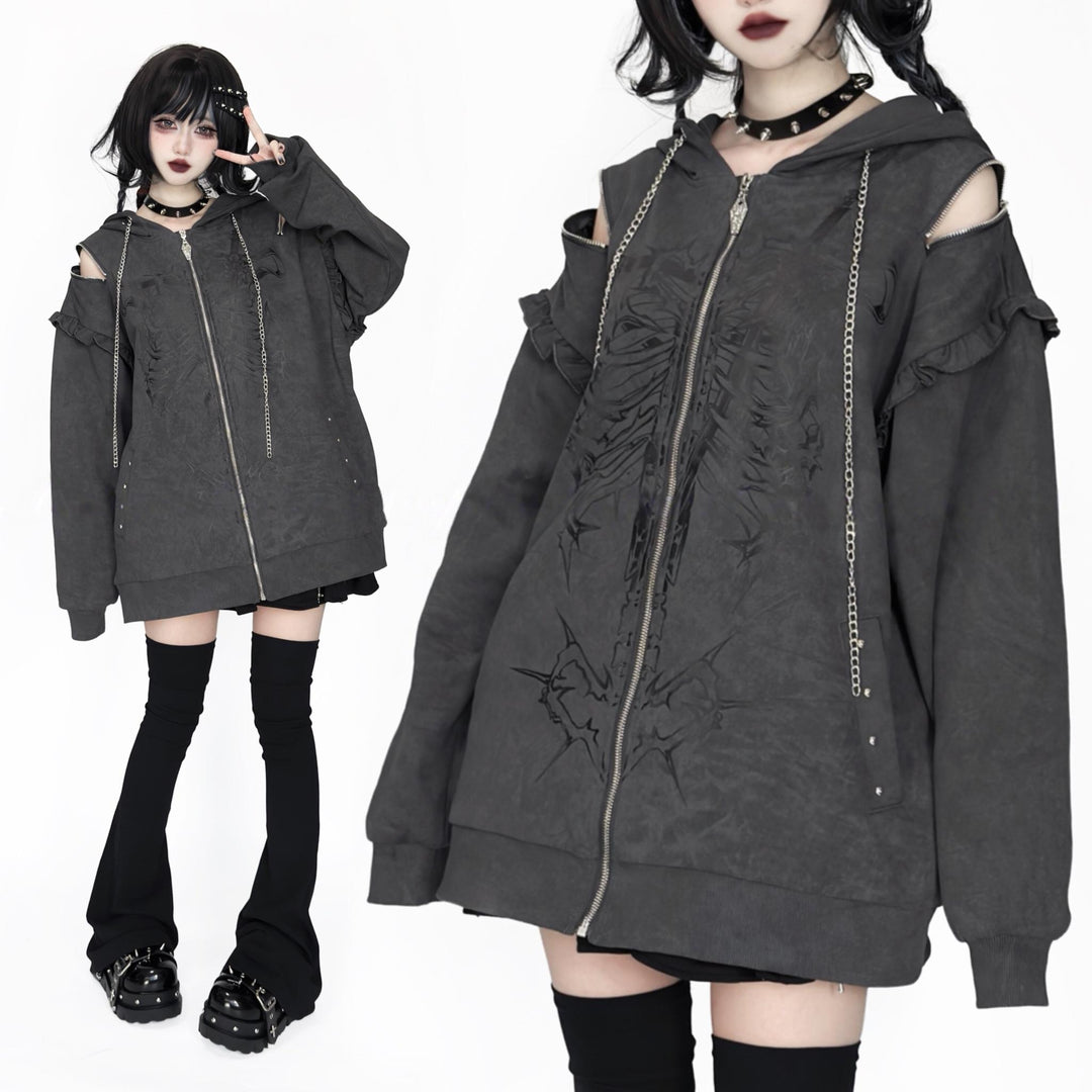 Subculture Ribcage Printed Zipper Hoodie, Open Shoulder 44482:811066