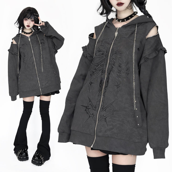 Subculture Ribcage Printed Zipper Hoodie, Open Shoulder 44482:811066