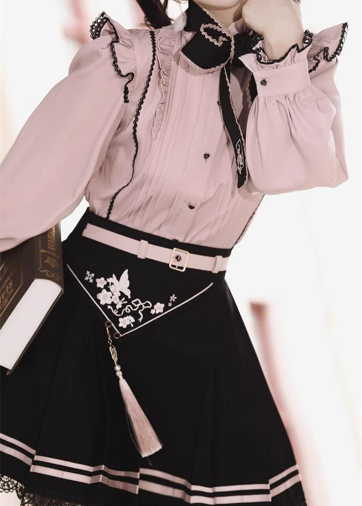 Pink Jirai Kei Blouse Black Skirt Chinese Hanfu Two-piece Set (L M S) 22036:362446