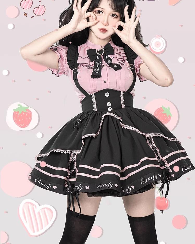 Pink Jirai Kei Short-sleeved Blouse, Puffy Sleeves 22780:342676