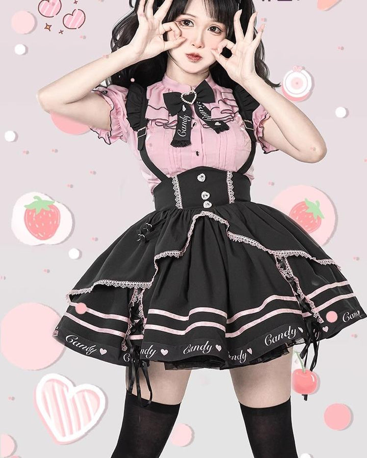 Pink Jirai Kei Short-sleeved Blouse, Puffy Sleeves 22780:342676