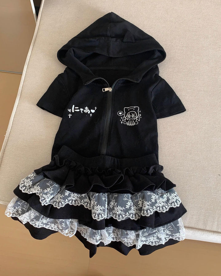 Kawaii Lace Cake Skirt with Sporty Zip-Up & Triple Ruffles (L M S) 42702:750999