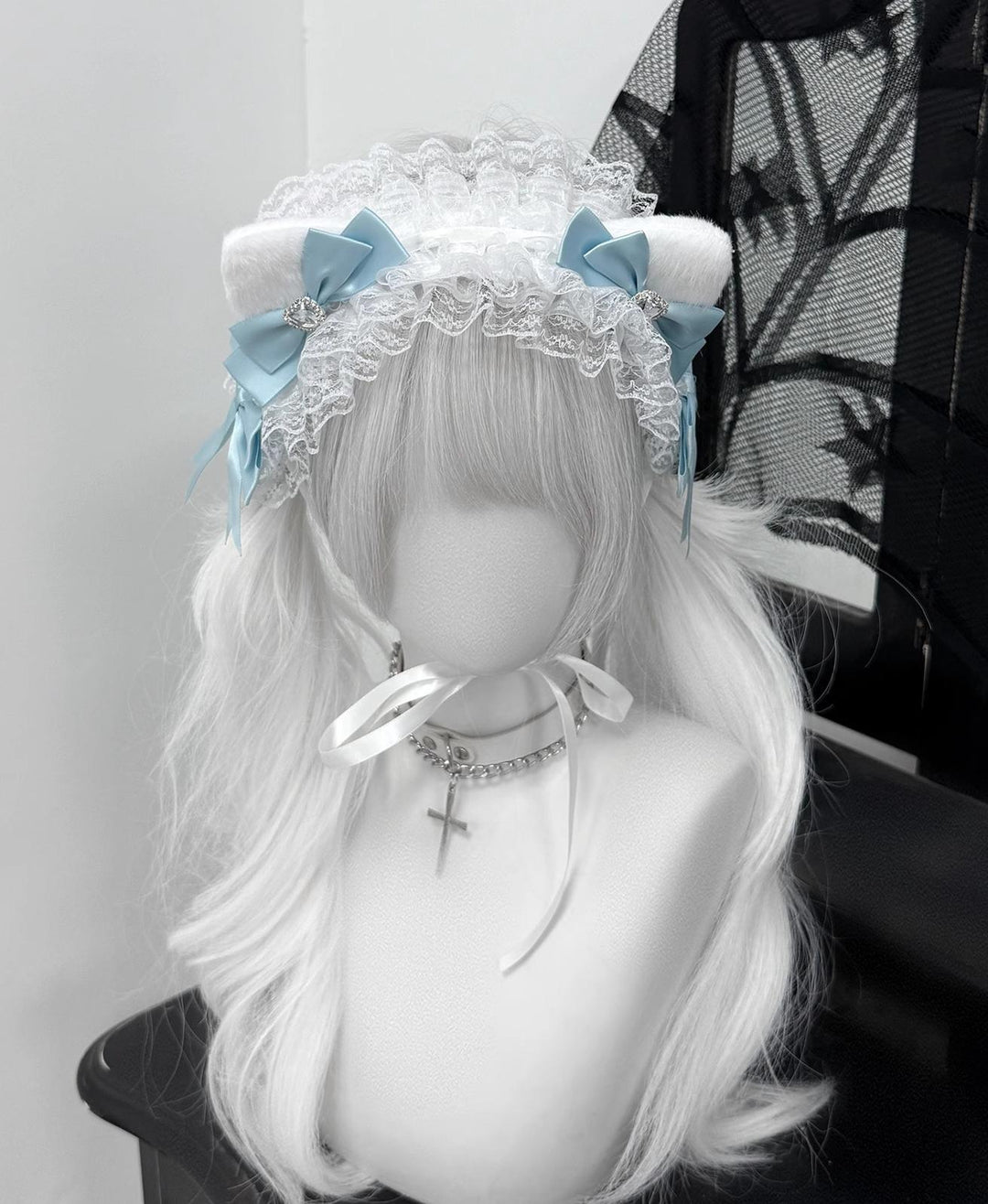 Furry Cat Ear Jirai Kei Headband, Lace & Rhinestones 43075:767124