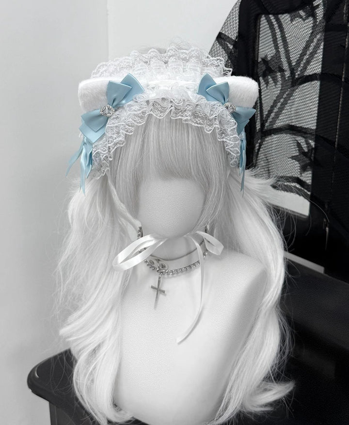 Furry Cat Ear Jirai Kei Headband, Lace & Rhinestones 43075:767124