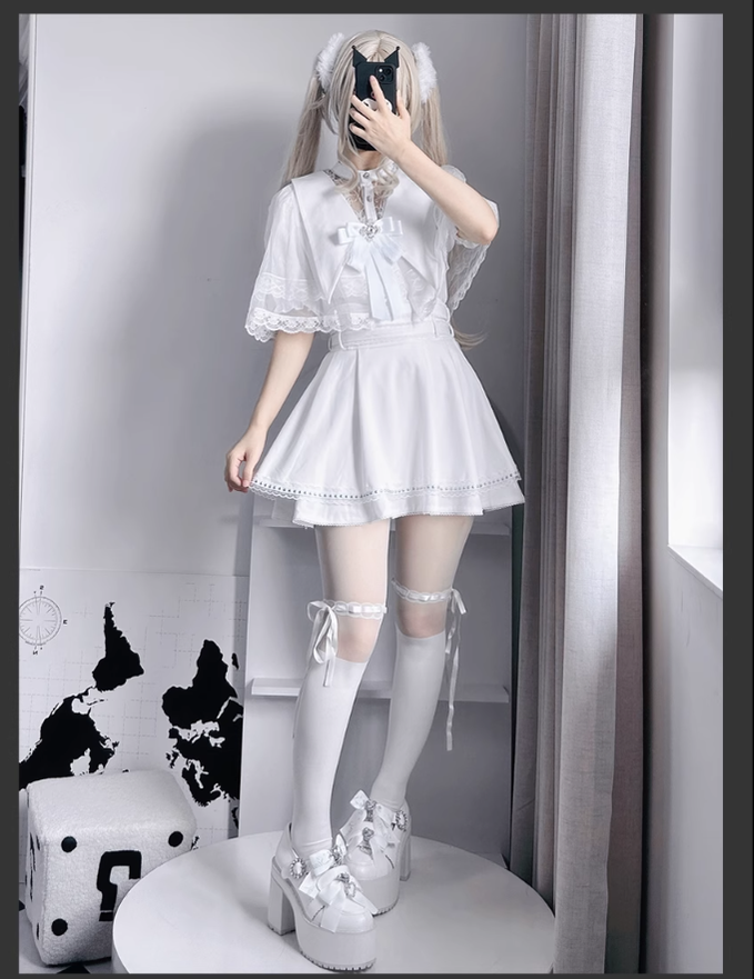 Jirai Kei Skirt Angel Wing Collar Blouse Double Layered Skirt 39538:634858
