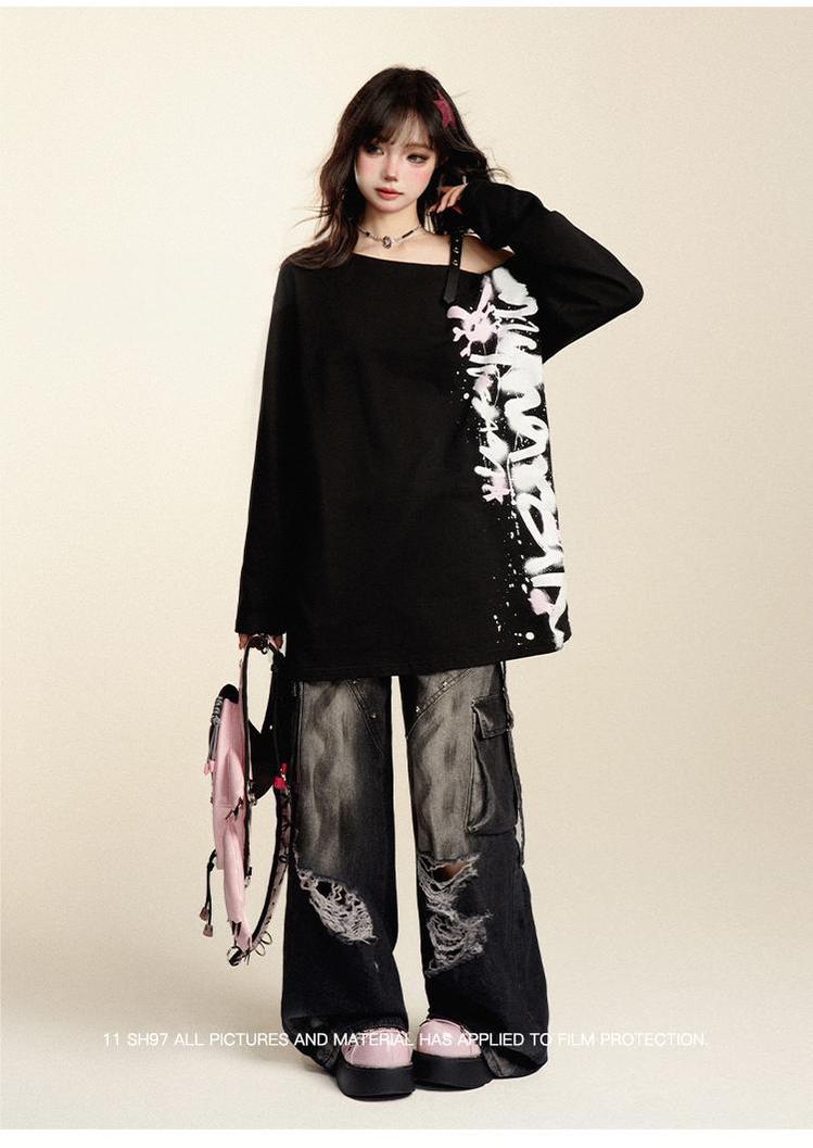 Punk Pants Black Straight Wide Leg Ripped Jeans Autumn 39760:642274