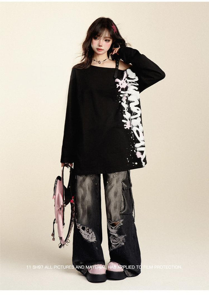 Punk Pants Black Straight Wide Leg Ripped Jeans Autumn 39760:642274
