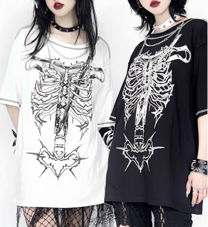 Gothic T-shirt Punk Ribbone Print Top Drop-Shoulder Shirt 39132:614798