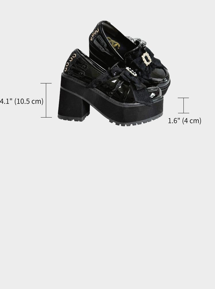 Black/White Jirai Kei Platform High Heel Shoes, Lace Bow 45952:873004