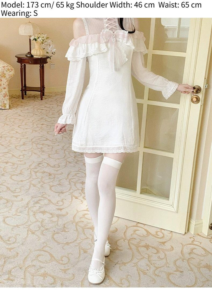 Open Shoulder Ryousangata A-Line Dress with Lace & Bow 43070:765950