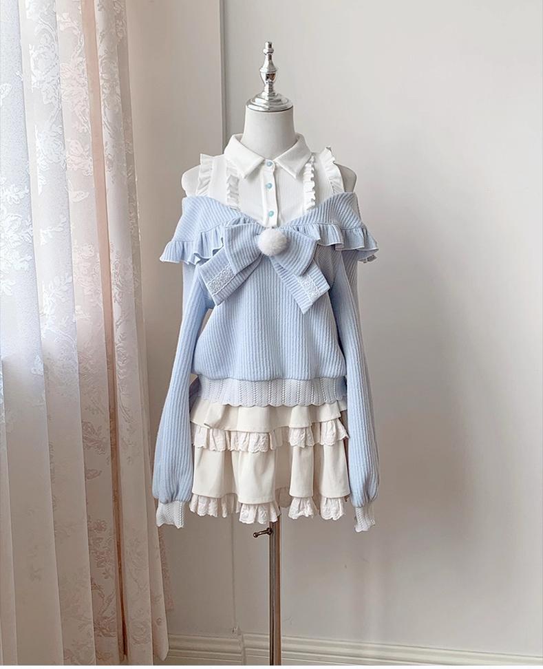 Open-Shoulder Tenshi Kaiwai Sweater, Tiered Ruffles Skirt (L M S) 43775:786748