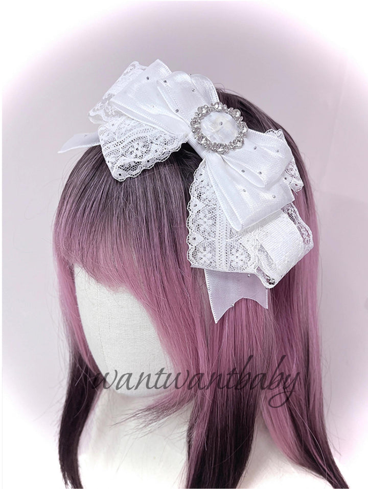 Jirai Kei Headwear, Rhinestone Bow Headband With Sparkle (White) 43297:772902