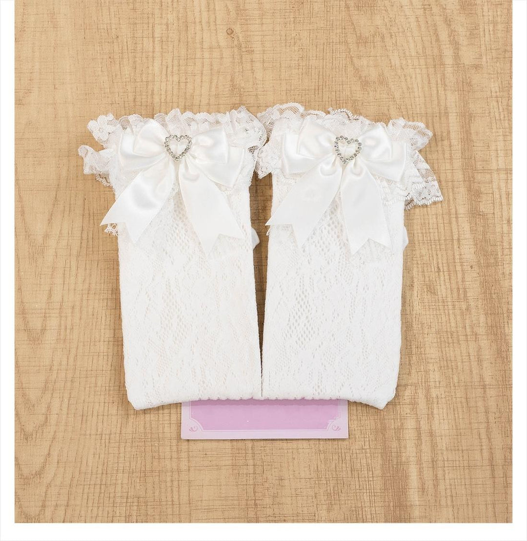 Jirai Kei Socks Kawaii Heart-Shaped Rhinestones and Bow Detail 21542:629534