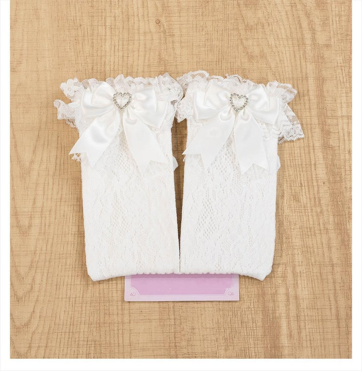 Jirai Kei Socks Kawaii Heart-Shaped Rhinestones and Bow Detail 21542:629534