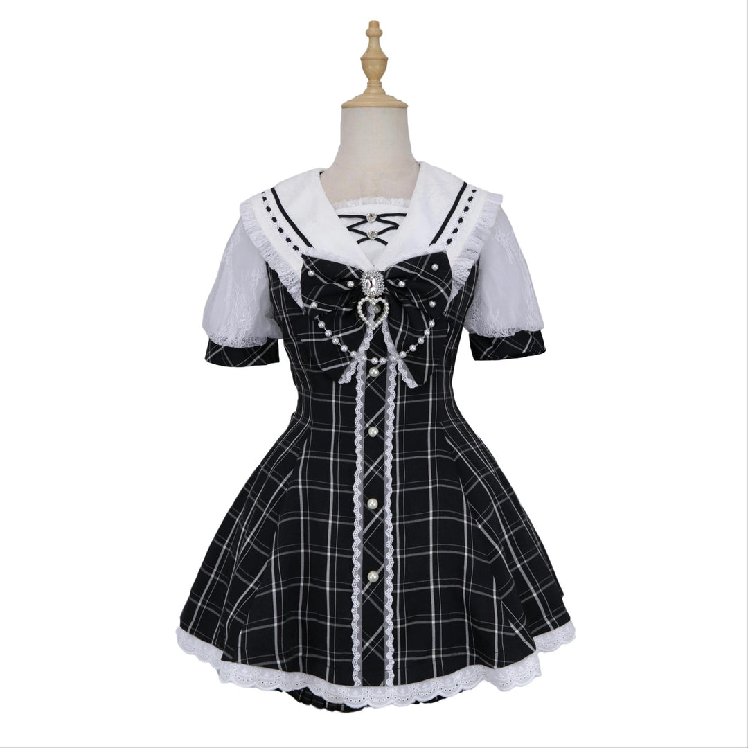 Jirai Kei Dress With Pearl Chain And Big Rhinestone Bow Tie (2XL L M S XL) 42813:764862