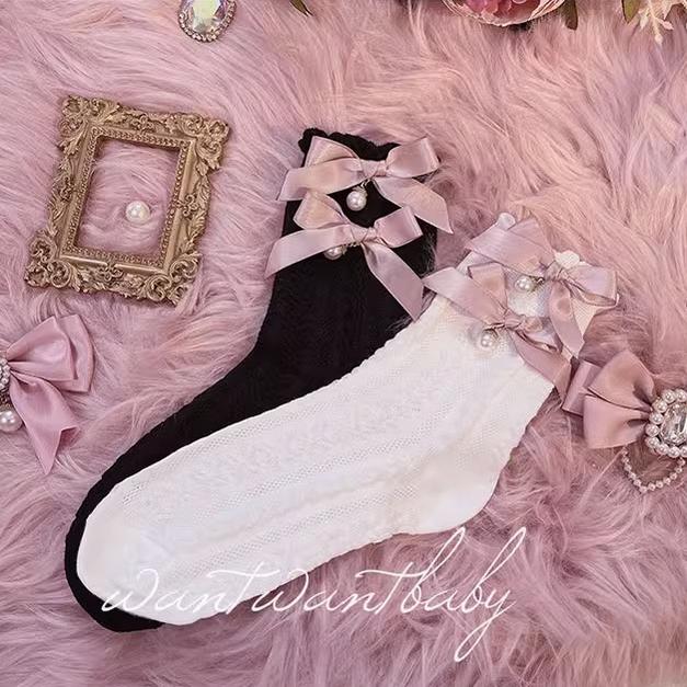 Jirai Kei Socks Black White Pink Blue Bow Lace Socks 21754:320604