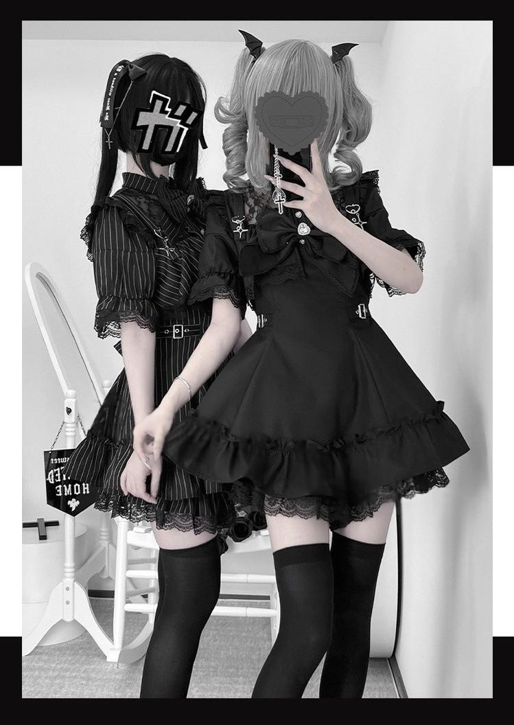 Jirai Kei Dress Set with Large Bow & Lace Hollow-out Detail 42814:755655