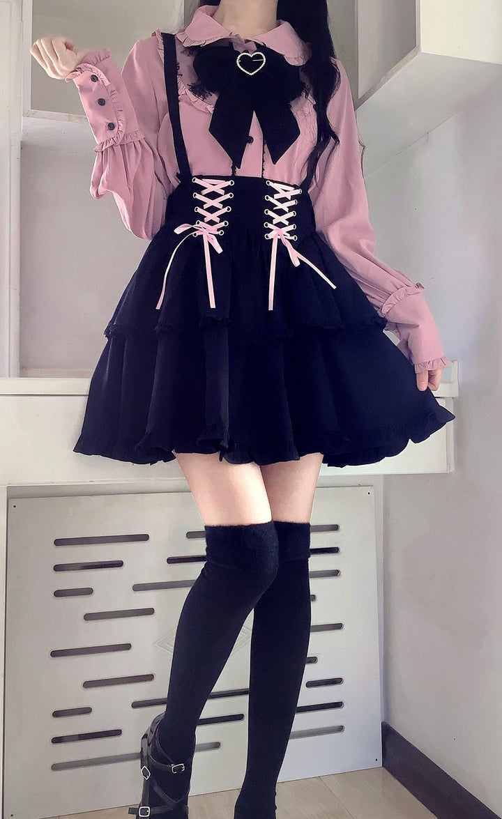 Pink Jirai Kei Blouse, Black Lace Up Skirt 21832:760693