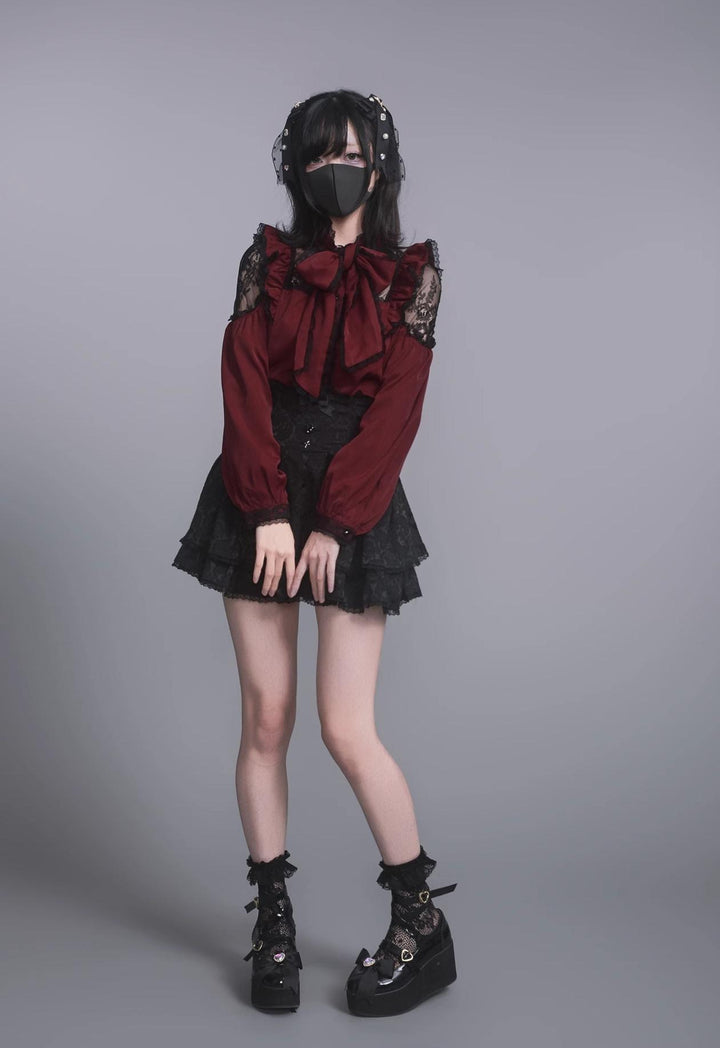 Jirai Kei Stand Collar Shirt with Lace Shoulder And Ribbon 42748:752316