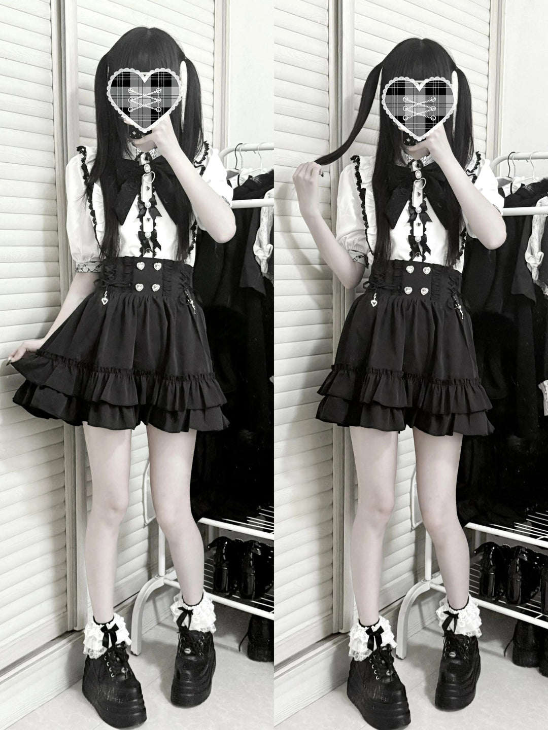 French-Style Jirai Kei Blouse, Large/Small Bow Pins 43196:772006