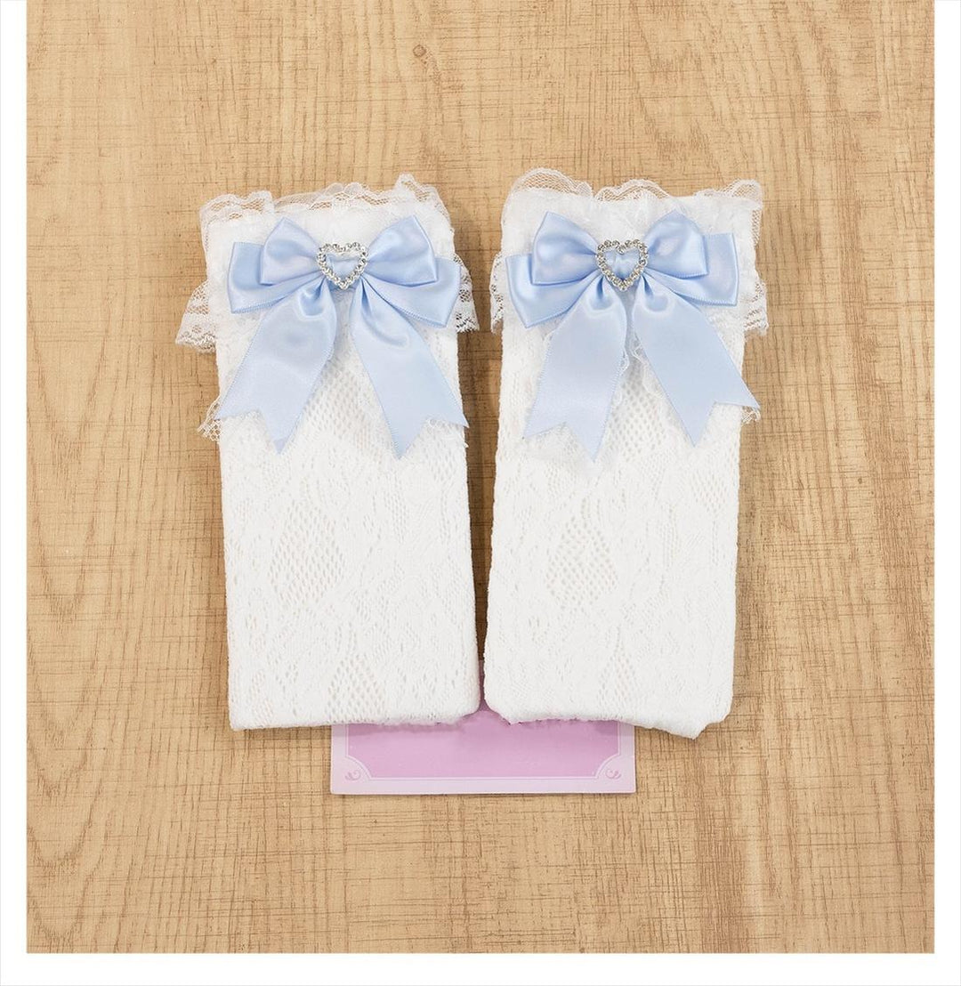 Jirai Kei Socks Kawaii Heart-Shaped Rhinestones and Bow Detail 21542:629532