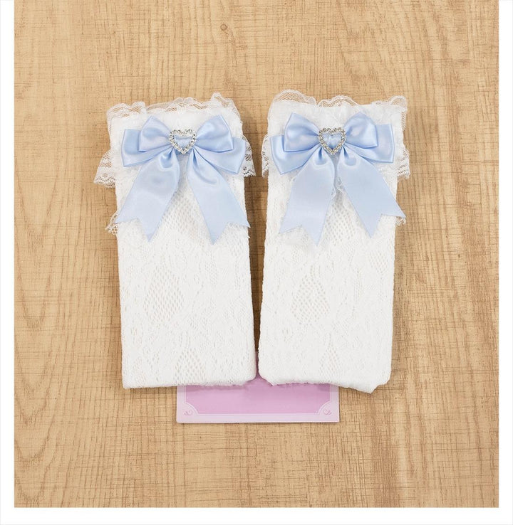 Jirai Kei Socks Kawaii Heart-Shaped Rhinestones and Bow Detail 21542:629532