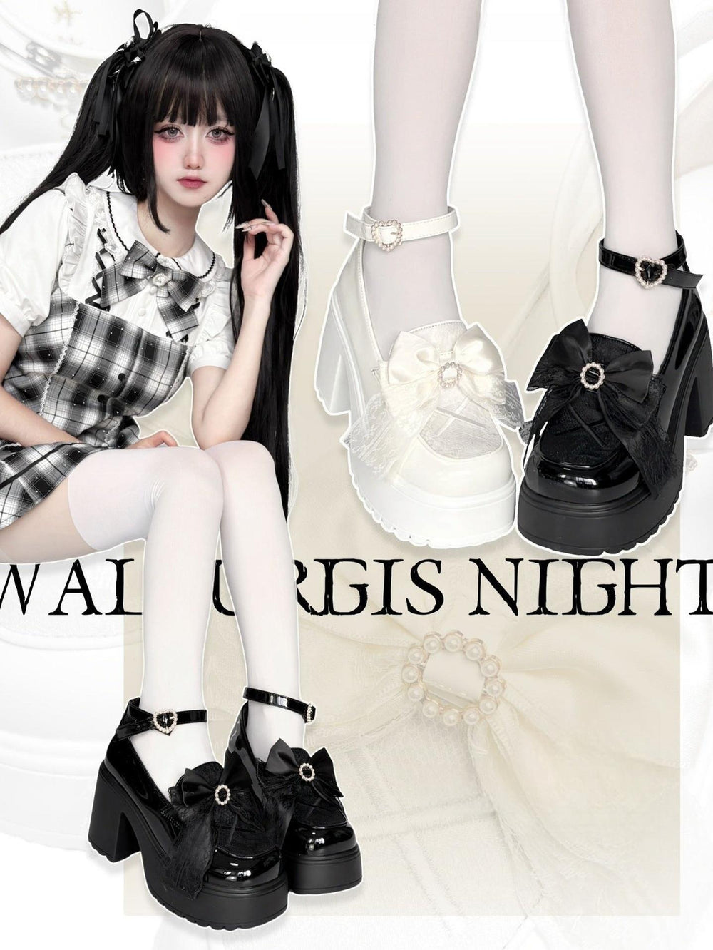White/Black Jirai Kei Loafer Shoes, High Platform 44889:826014
