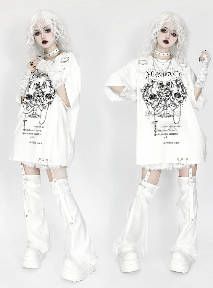 Jirai Kei Top Double Skull Print Short Sleeve Top 39938:646544