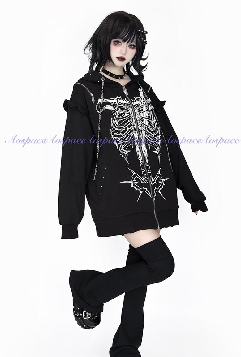 Subculture Ribcage Printed Zipper Hoodie, Open Shoulder 44482:811067
