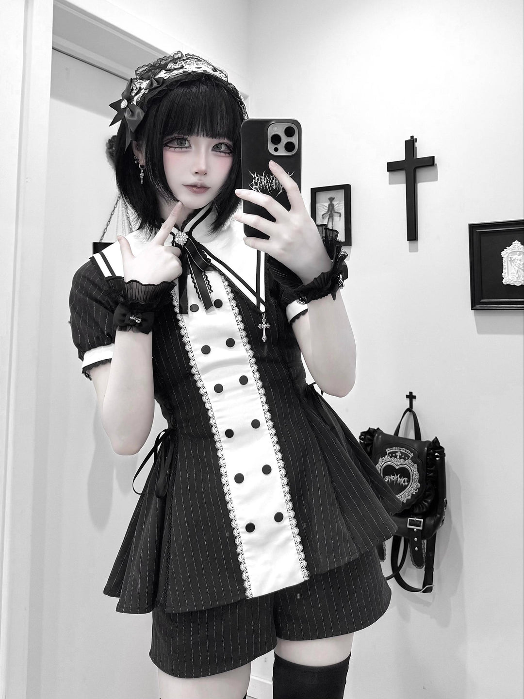 Striped Jirai Kei Set Up, Detachable Collar, Long/Short Sleeve Styles 43401:775826