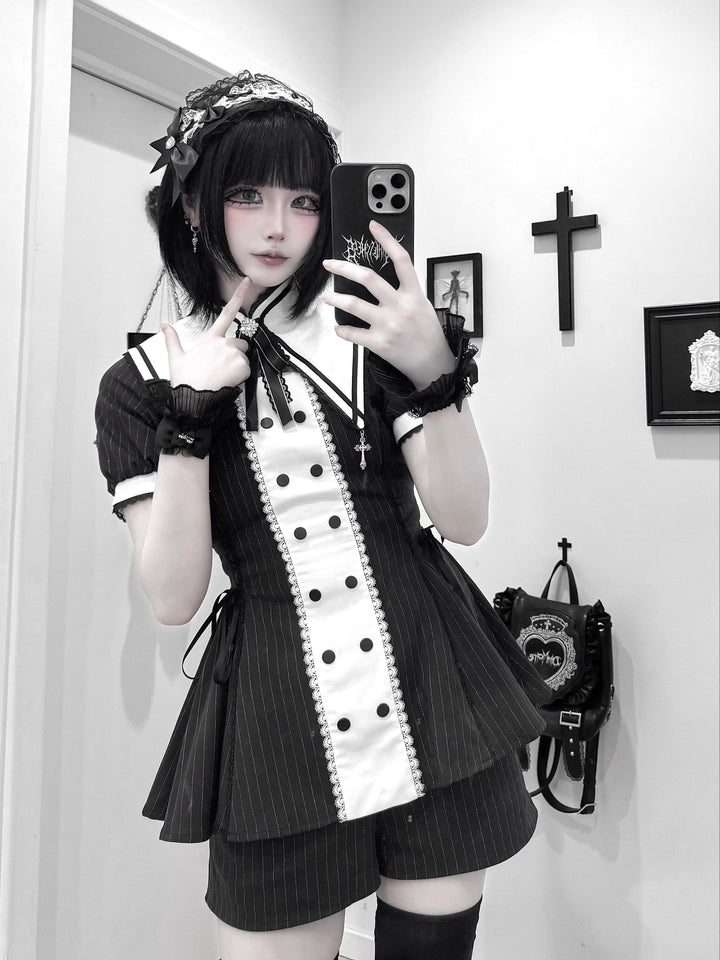 Striped Jirai Kei Set Up, Detachable Collar, Long/Short Sleeve Styles 43401:775826