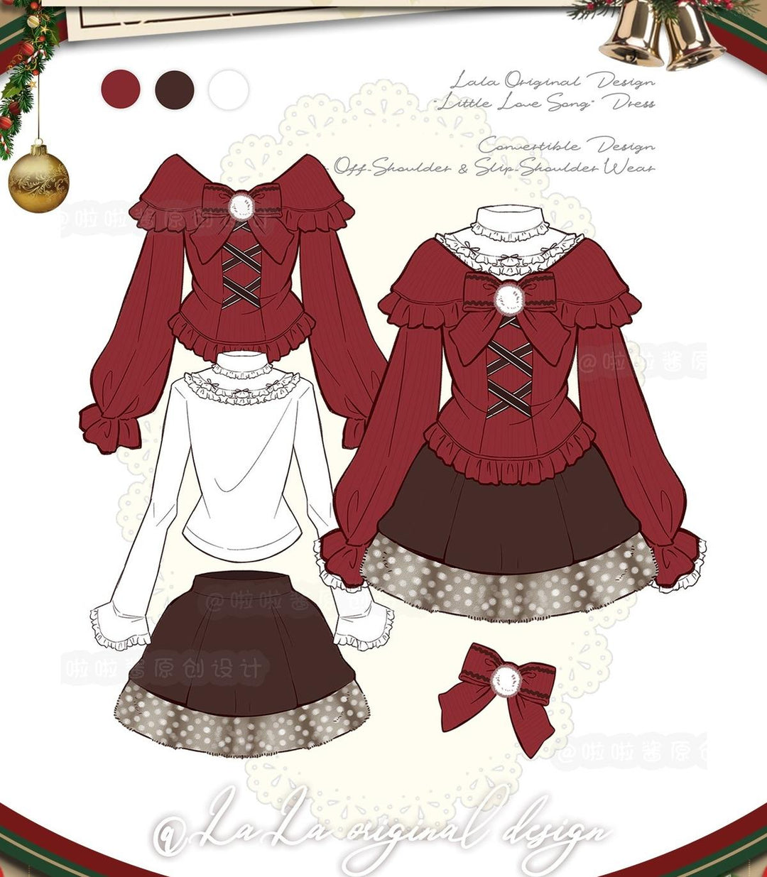 Christmas Red Off-Shoulder Sweater, Ruffled Skirt 44160:798348