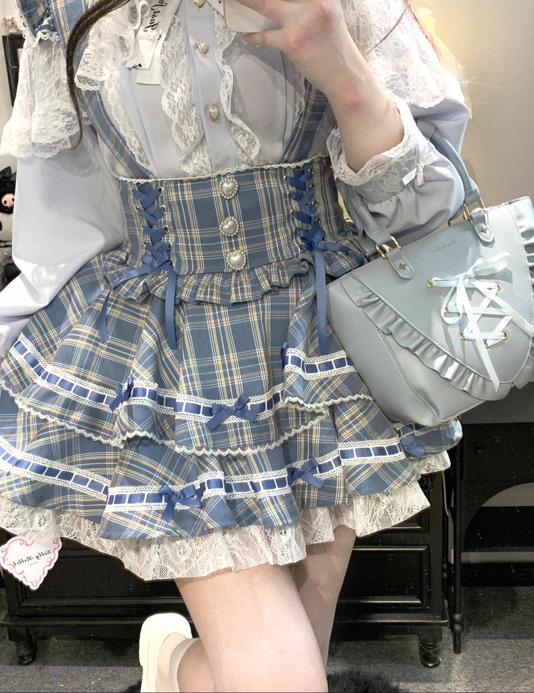 Plaid Jirai Kei Skirt, Detachable Suspenders 43735:784056