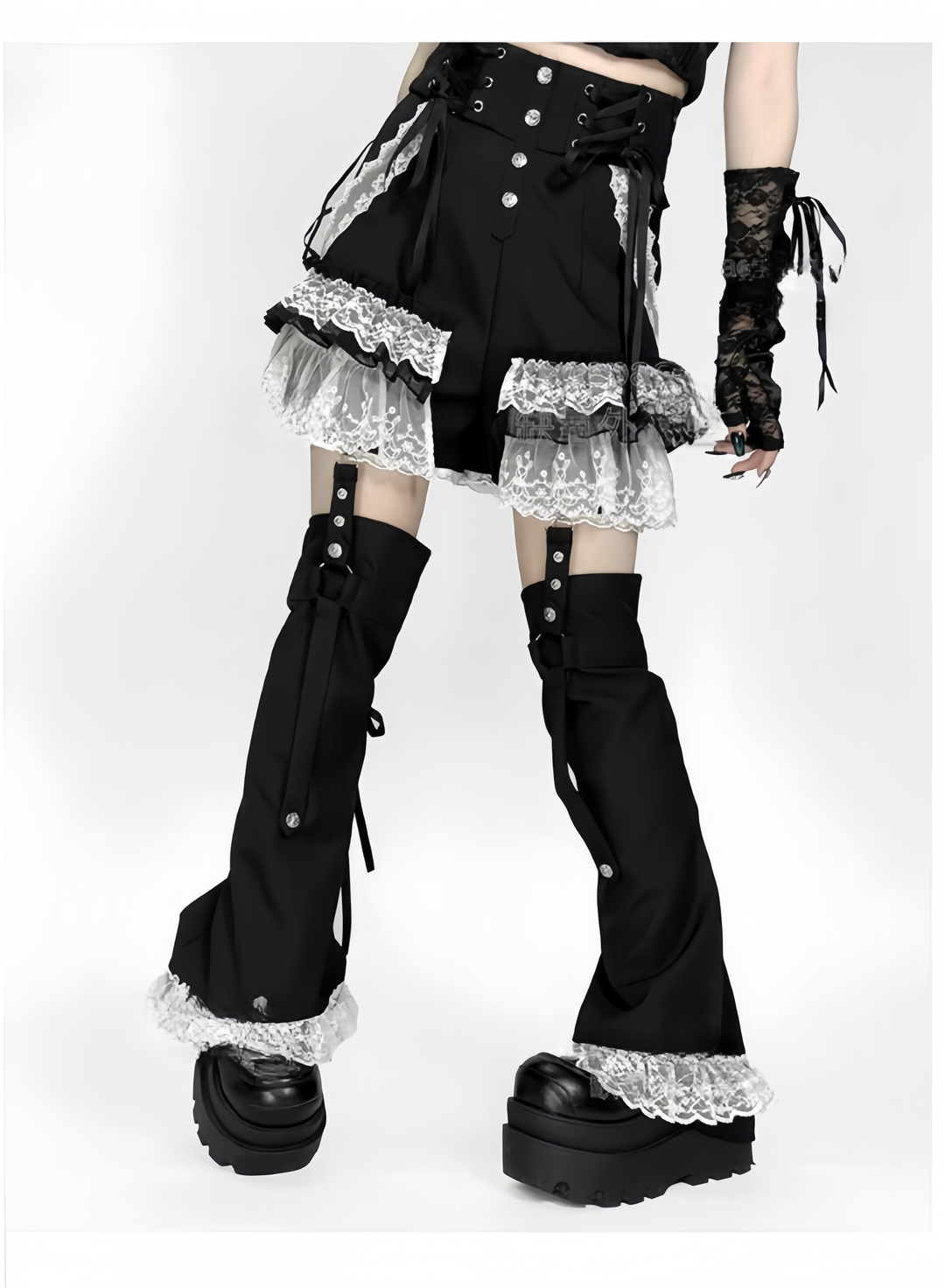 Punk Shorts Y2K Patchwork Leg Cover Tiered Lace 40638:671442