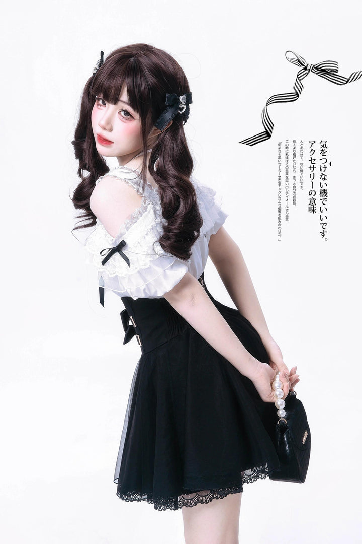 Jirai Kei Halter Neck Off-Shoulder Shirt and Lace Trim Skirt 42706:752711