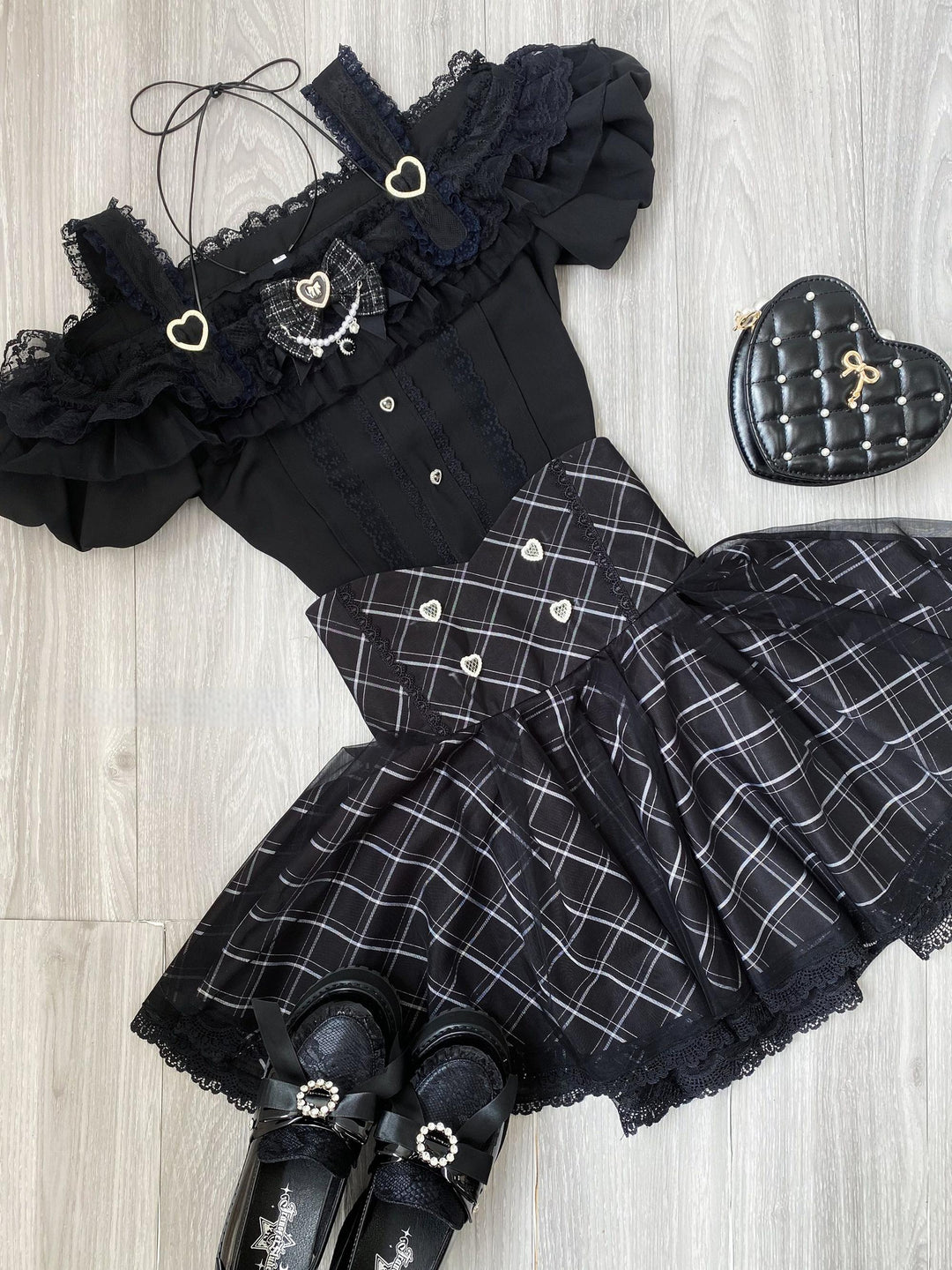 Jirai Kei Skirt Set Open-shoulder Blouse with Heart Bow Tie 42864:755967