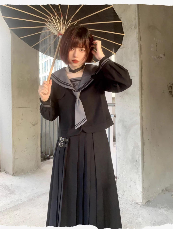 Black JK Uniform Sailor Collar Blouse Pocketed Pleated Skirt 43025:762726