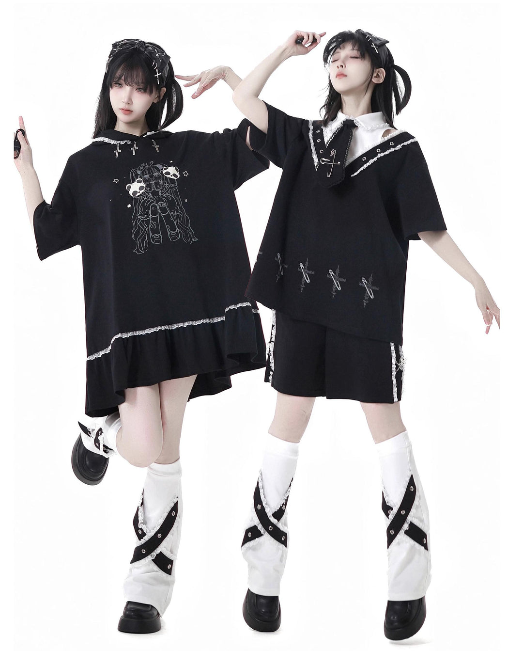 Black Cotton Sport-styled Jirai Kei Hoodie Dress & Shorts Set 42980:761504
