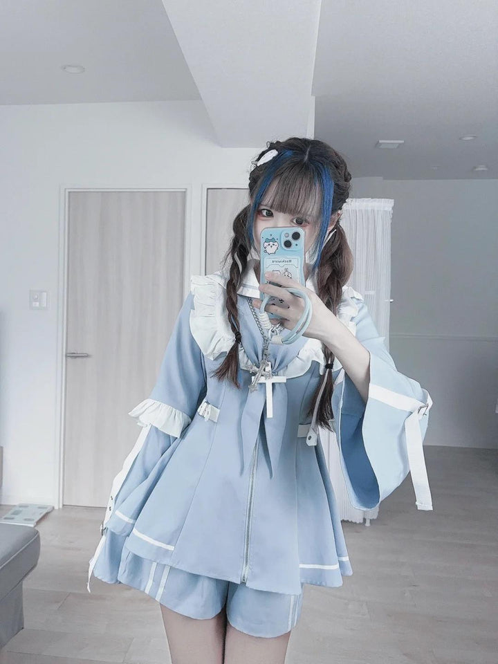 Jirai Kei Set Up Blue Lace Dress And Shorts Set 37046:761485