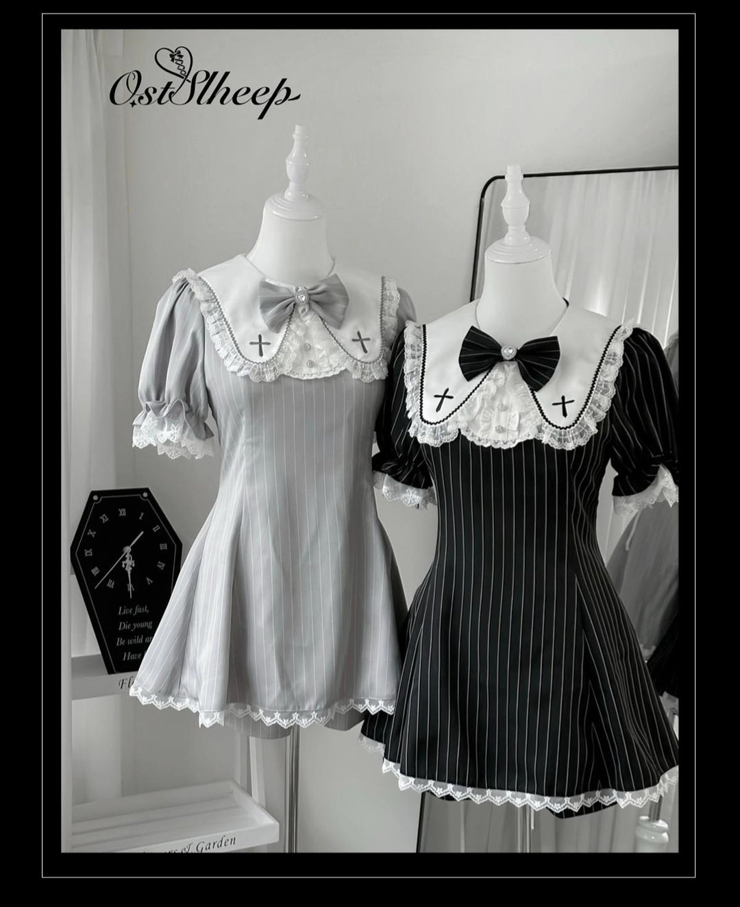 Striped Jirai Kei Dress Set Sailor Collar with Cross Details 42785:753183