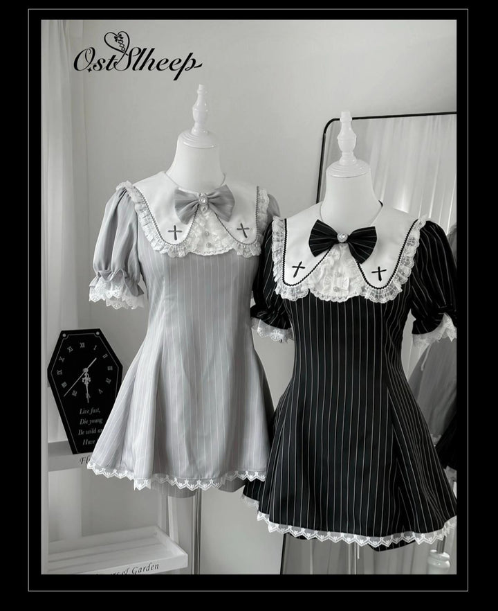 Striped Jirai Kei Dress Set Sailor Collar with Cross Details 42785:753183
