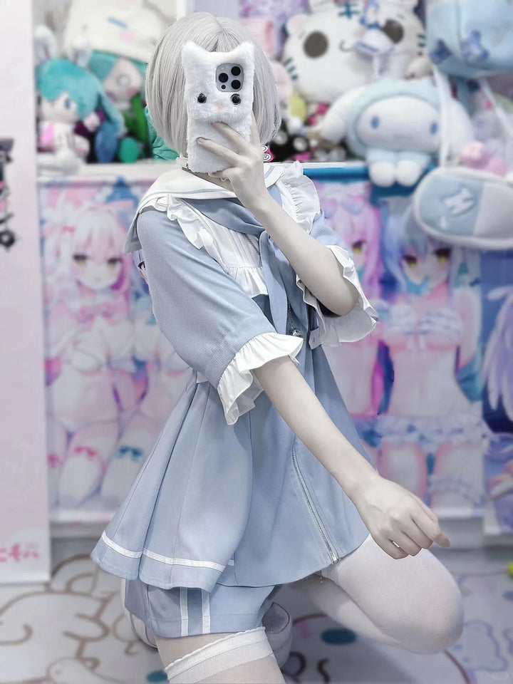 Jirai Kei Set Up Blue Lace Dress And Shorts Set 37046:761471