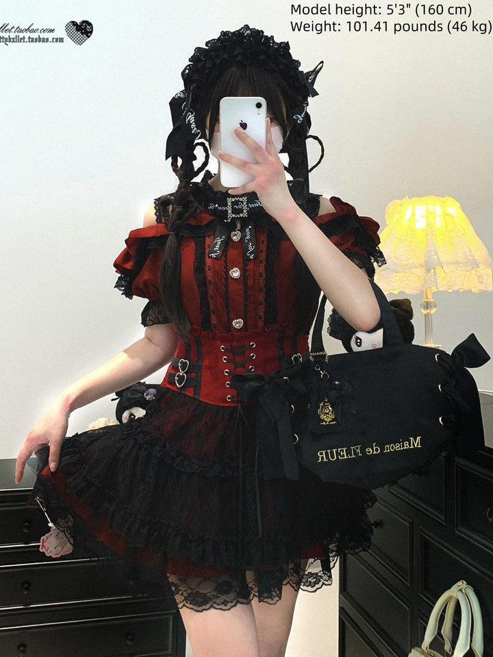 Lace Open Shoulder Jirai Kei Blouse, Heart Rhinestone 43692:783166