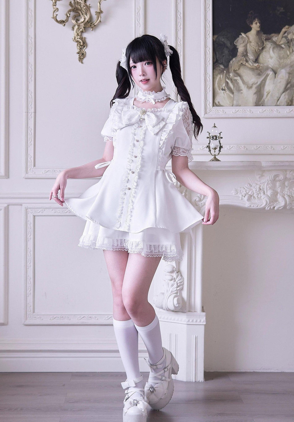 Jirai Kei Dress 4-Piece Set, Elastic Waist & Pearl Button 43010:776037