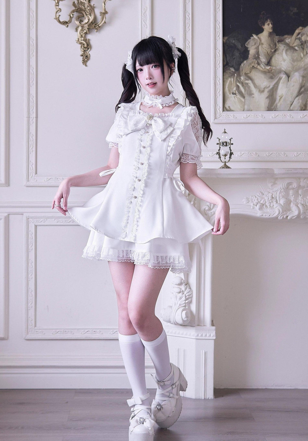 Jirai Kei Dress 4-Piece Set, Elastic Waist & Pearl Button 43010:776037